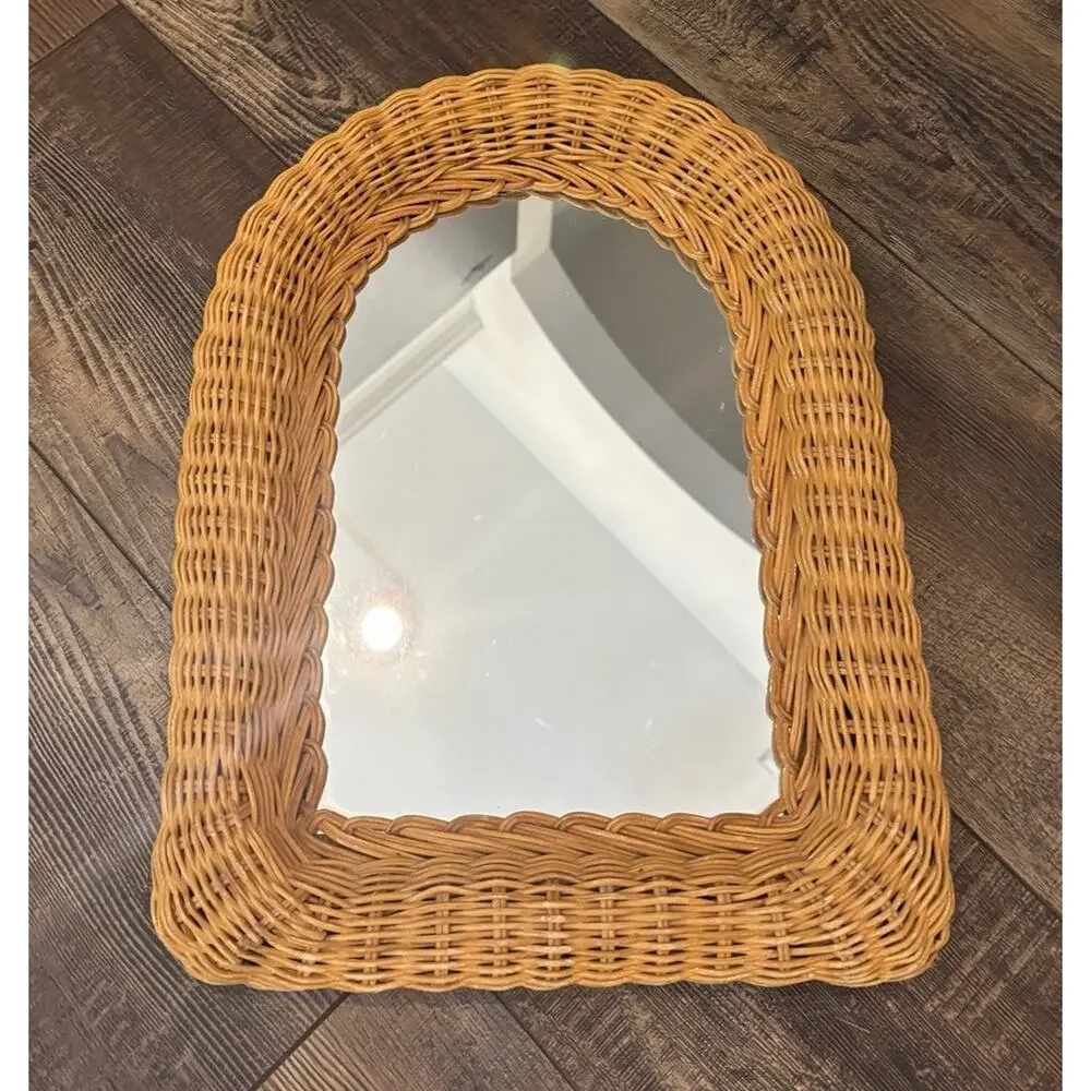Vintage Wicker Rattan Mirror Arched Wall Hanging Boho Coastal Cottage MCM 15x12